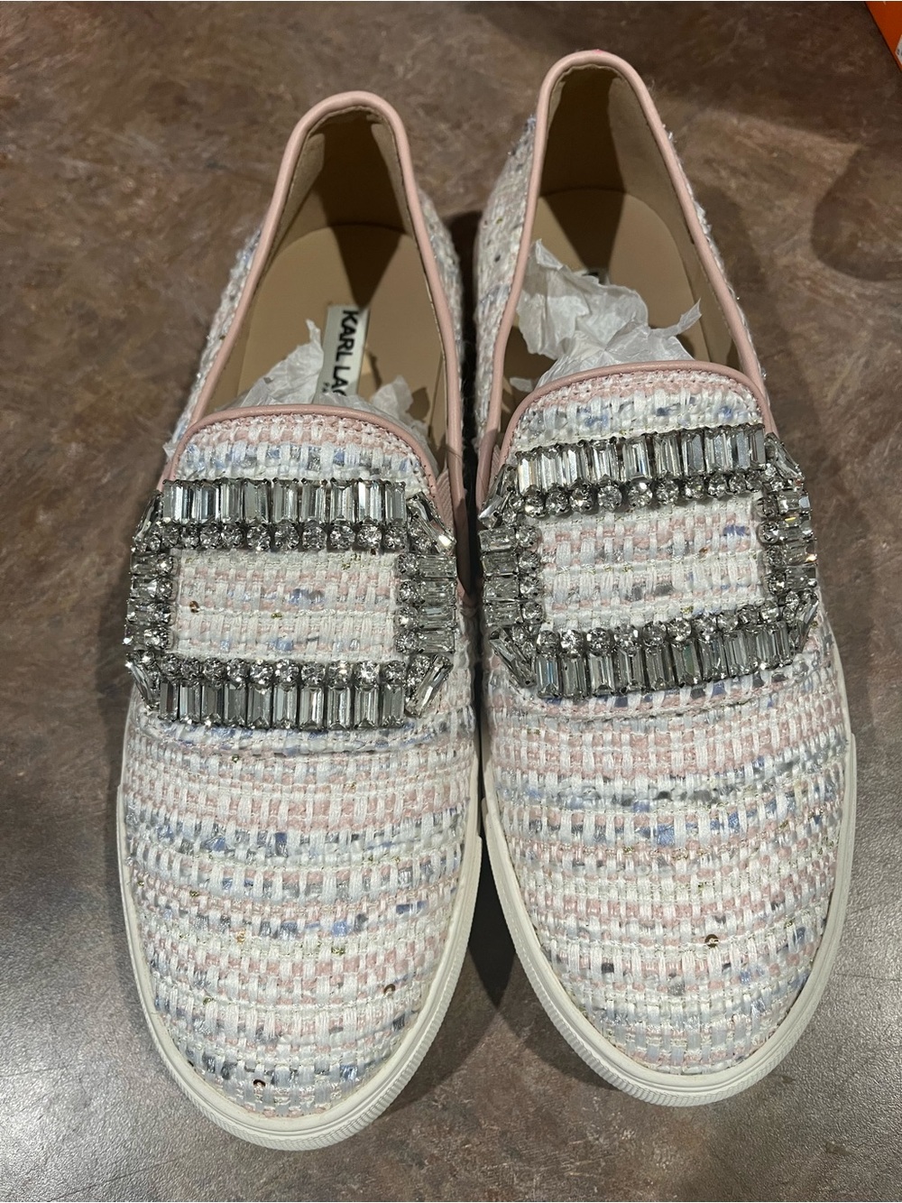 Karl Lagerfeld Pastel Tweed Slip-On Loafers with Crystal Embellishment - Picture 6 of 7